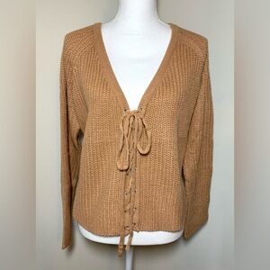 NWT Hayden Tan Lace up Cardigan V-Neck Sweater Ribbed Knit Women Medium